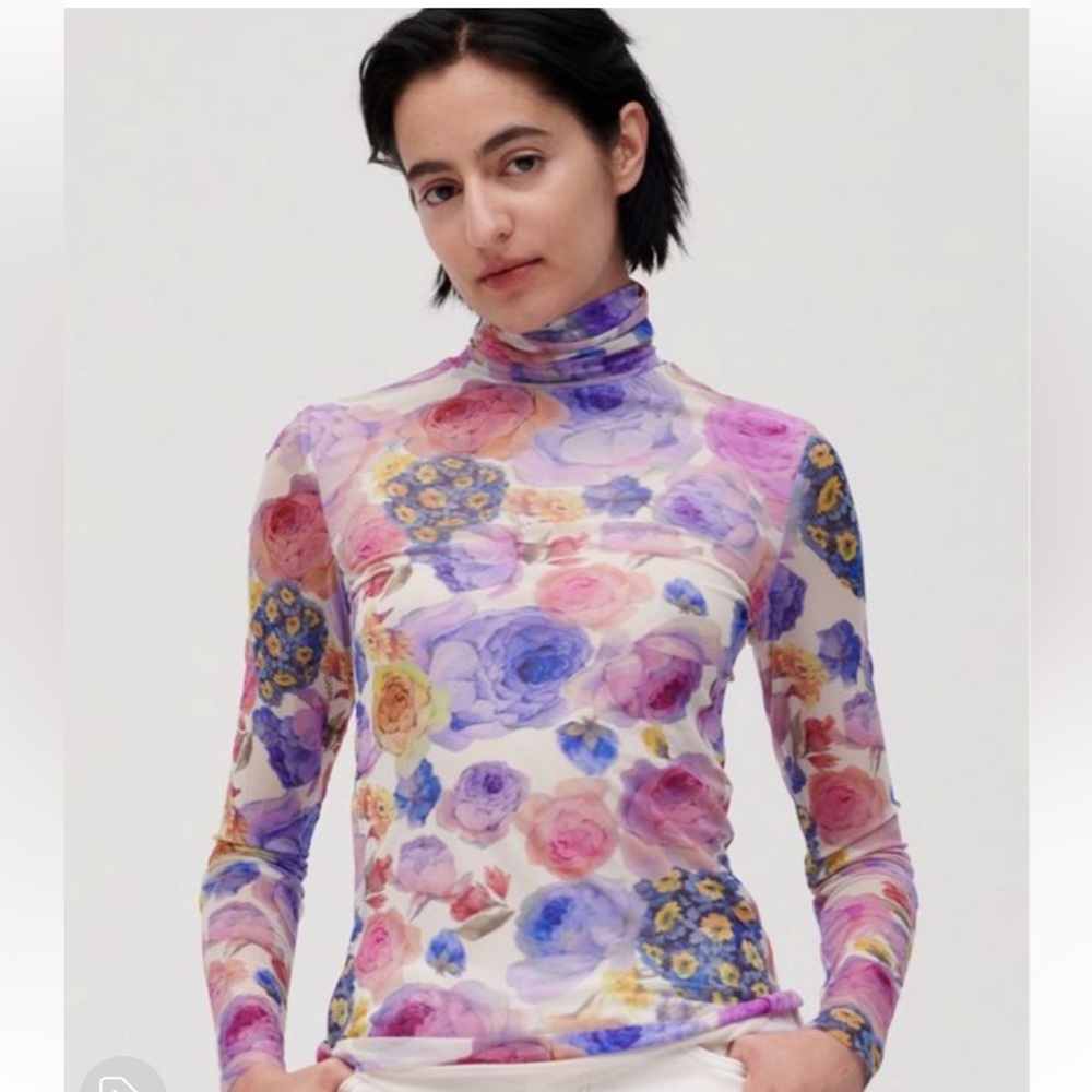 Ganni sheer floral mock neck